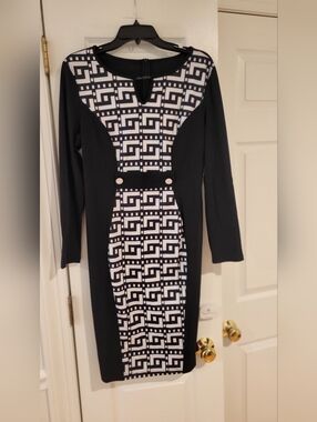 Black & White Geometric Sheath Dress - Women's